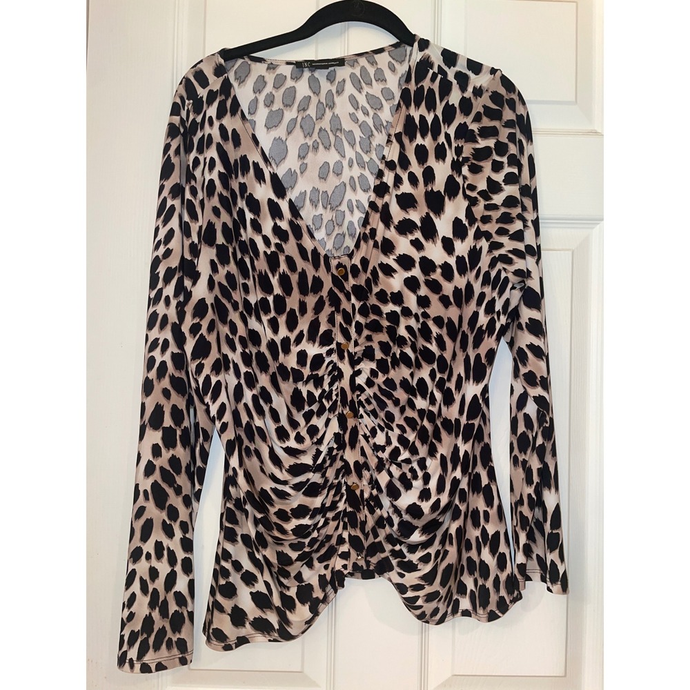 INC International Concepts Leopard Print Ruched Button Front V-Neck Top XL